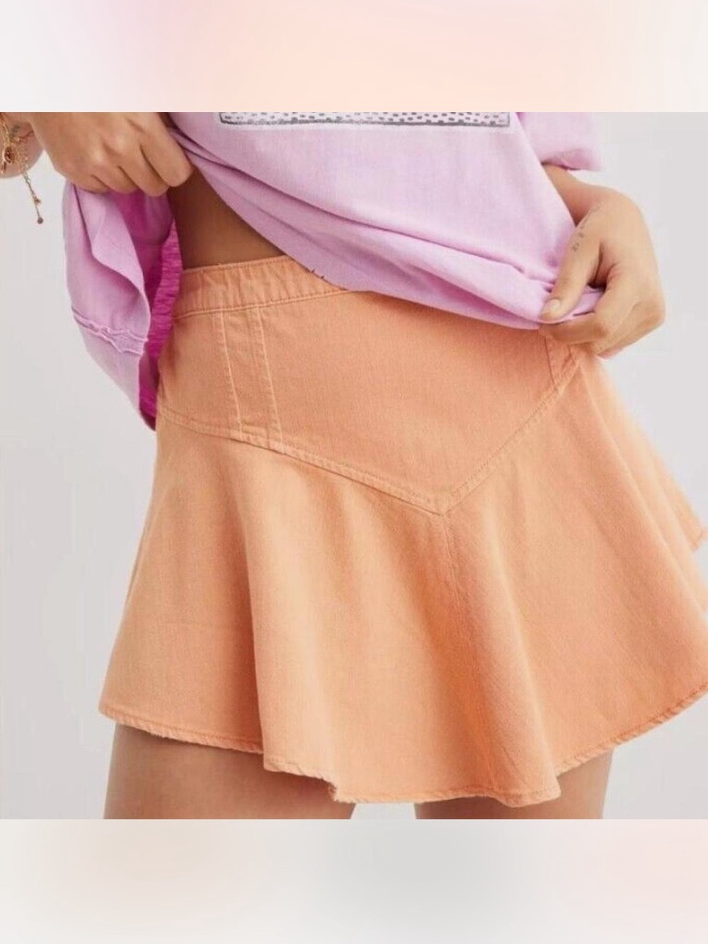 NWT. Aerie. Denim Mini Circle Skirt. Pale Orange. Size Small.